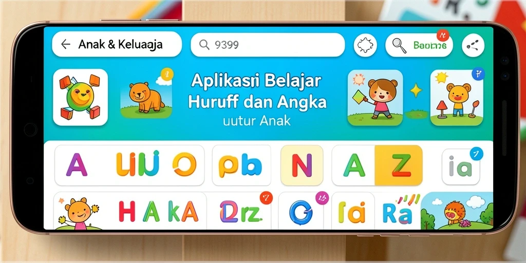 Screenshot utama dari 9399 menunjukkan antarmuka aplikasi Belajar Huruf Angka.